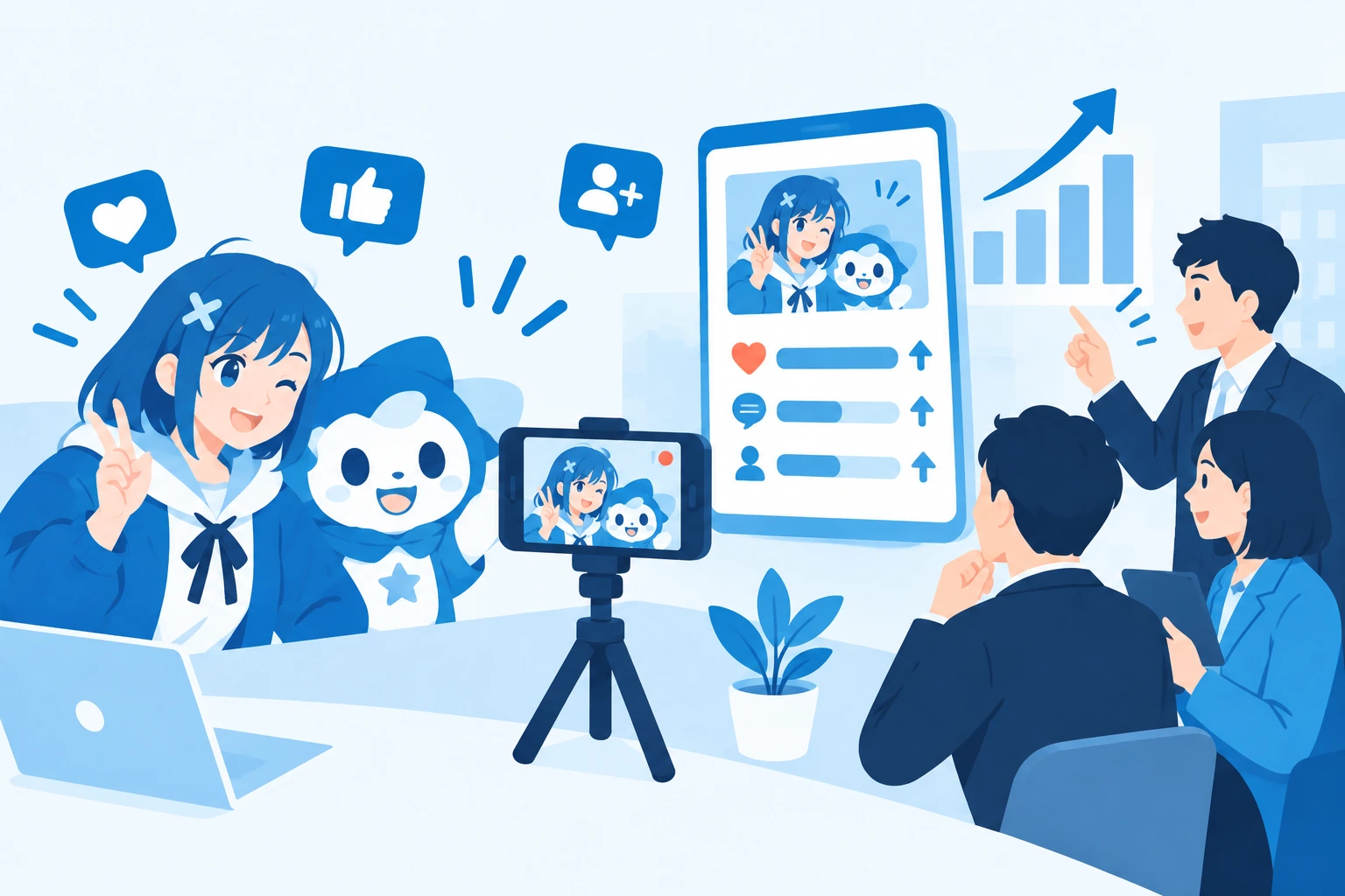キャラクターとアニメーションを使い、顔出しせずにSNS発信するイメージ