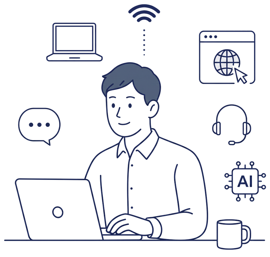 PCトラブル対応・Web集客・AI活用をひとつの窓口で支援する「社外システム部」のイメージ